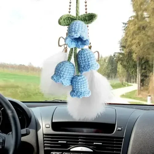 Crochet Car Mirror Hanging Accessories Cute Potted Plants Car Decor for Women Men Rear View Mirror Accessories Car Decorations Interior Aesthetic Stuff Car Pendant Car Charms CA26088 - 3