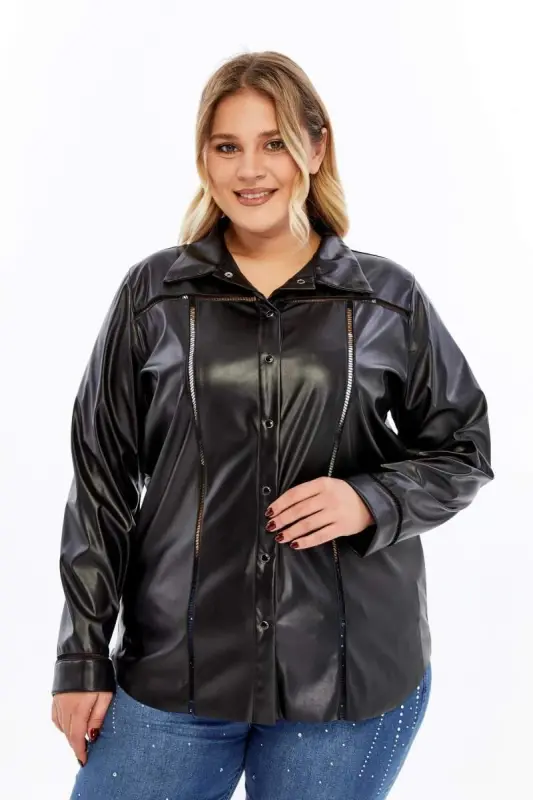Crochet Detailed Plus Size Leather Shirt Black - 1