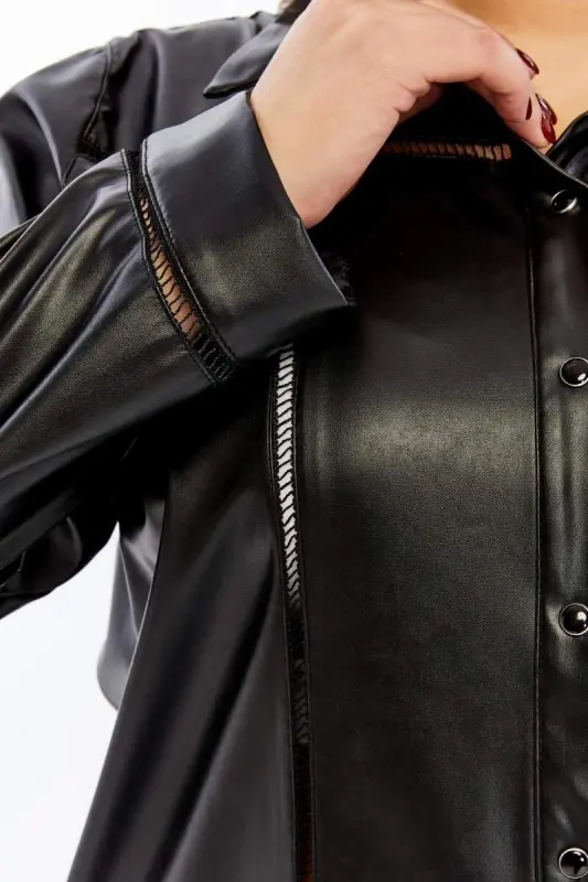Crochet Detailed Plus Size Leather Shirt Black - 2