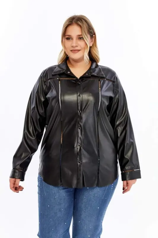 Crochet Detailed Plus Size Leather Shirt Black - 3