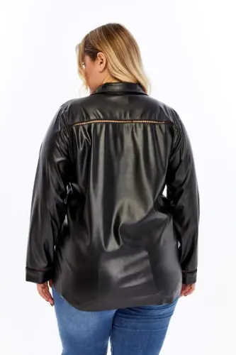Crochet Detailed Plus Size Leather Shirt Black - 4