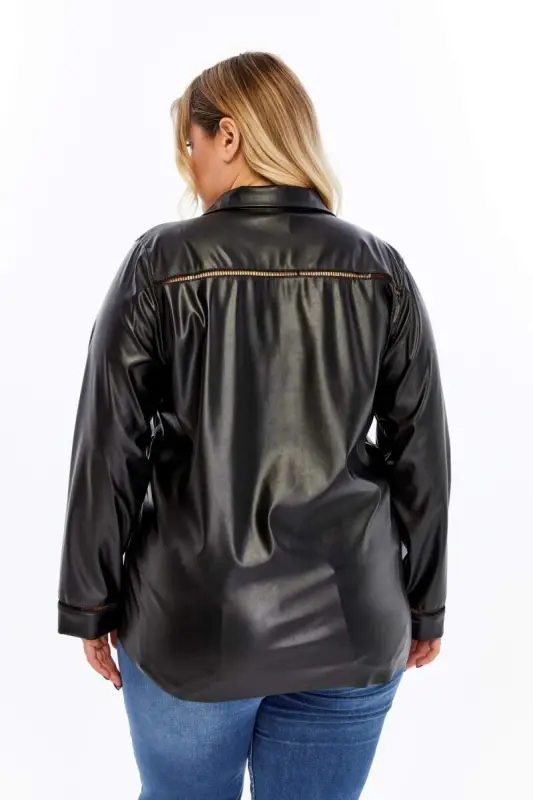 Crochet Detailed Plus Size Leather Shirt Black - 4