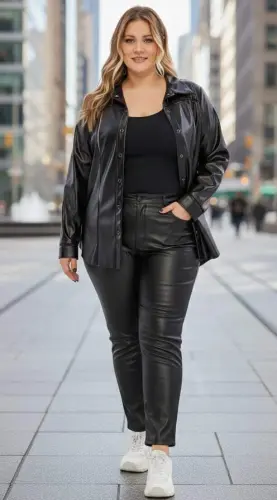 Crochet Detailed Plus Size Leather Shirt Black - 5