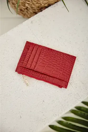Crocodile Embossed Zippered Cardholder Wallet-Red - 3