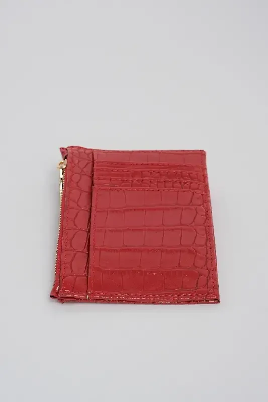 Crocodile Embossed Zippered Cardholder Wallet-Red - 6