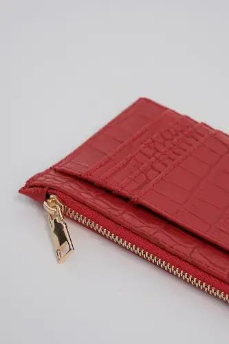 Crocodile Embossed Zippered Cardholder Wallet-Red - 7