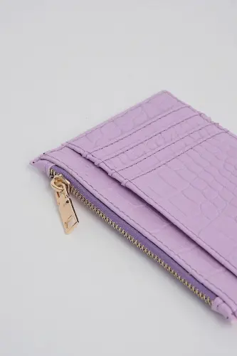 Crocodile Leather Look Zipper Detailed Card Wallet-Lilac - 1