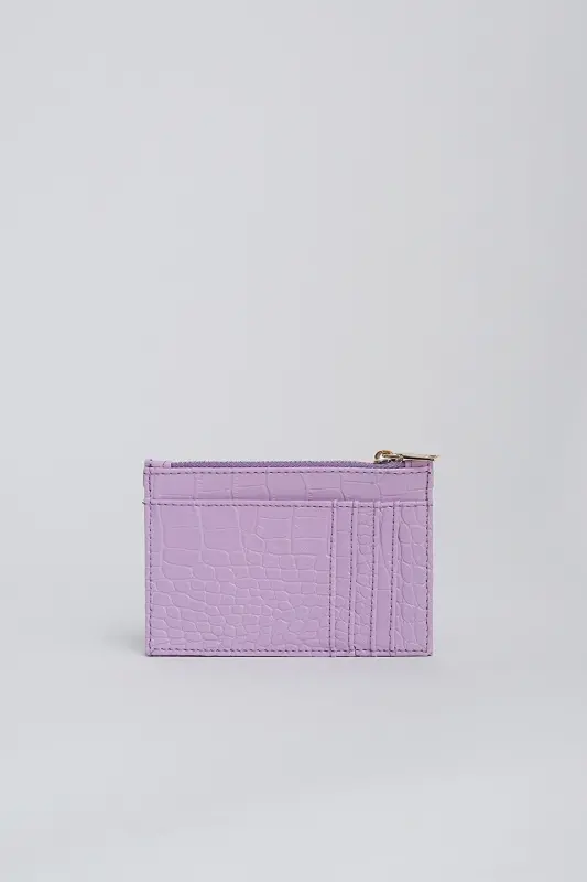 Crocodile Leather Look Zipper Detailed Card Wallet-Lilac - 2