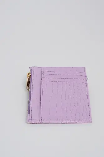 Crocodile Leather Look Zipper Detailed Card Wallet-Lilac - 3