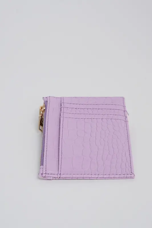 Crocodile Leather Look Zipper Detailed Card Wallet-Lilac - 3