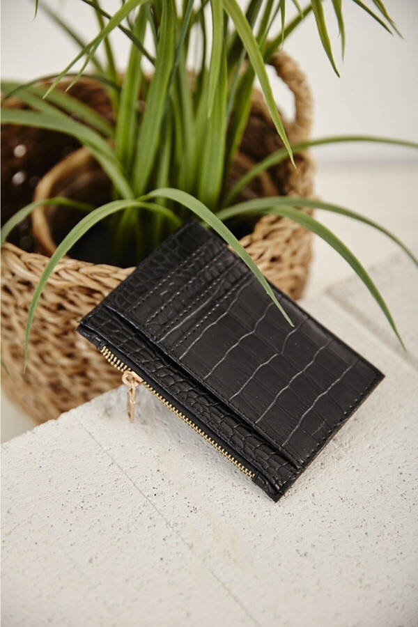 Crocodile Skin Look Zipper Detail Card Wallet - 1