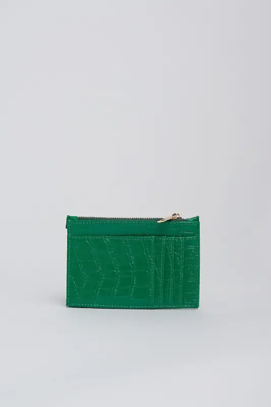 Crocodile Skin Look Zipper Detailed Card Holder Wallet - Green - 2