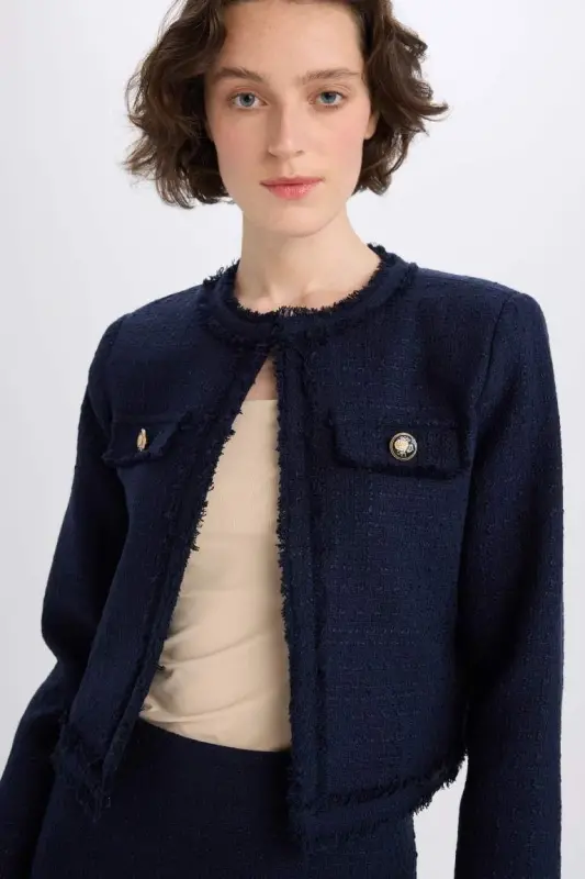 Crop Bisiklet Yaka Tweed Blazer Ceket-Lacivert - 3