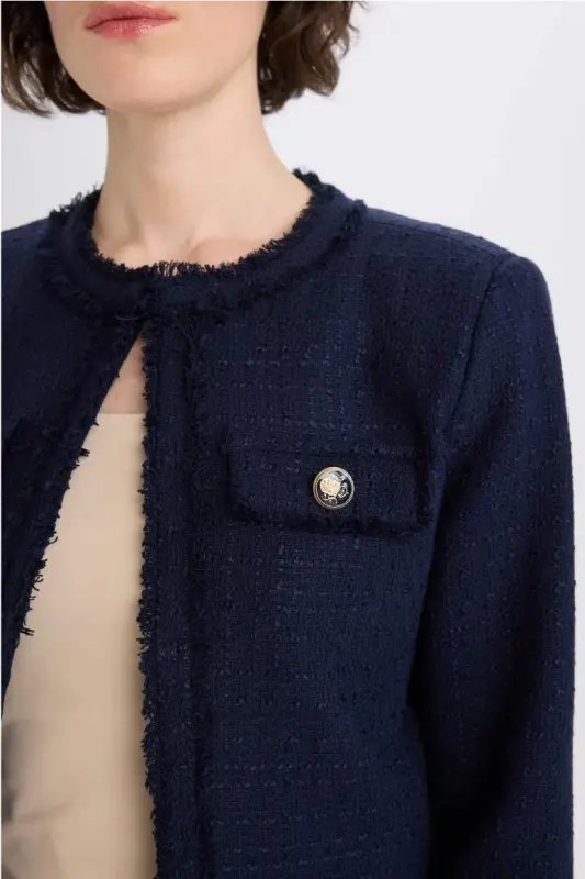 Crop Bisiklet Yaka Tweed Blazer Ceket-Lacivert - 6