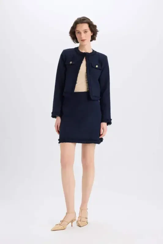 Crop Bisiklet Yaka Tweed Blazer Ceket-Lacivert - 2