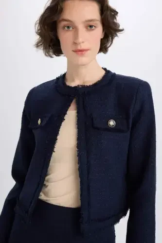 Crop Bisiklet Yaka Tweed Blazer Ceket-Lacivert - 3