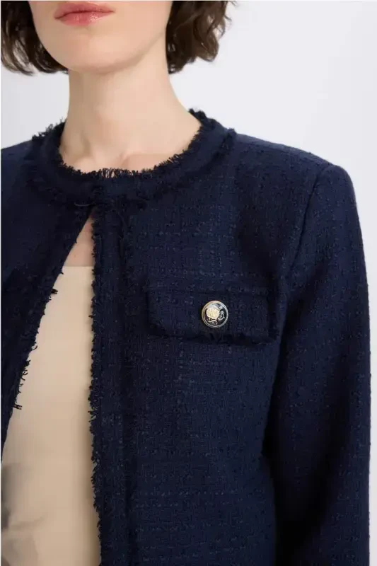 Crop Bisiklet Yaka Tweed Blazer Ceket-Lacivert - 6