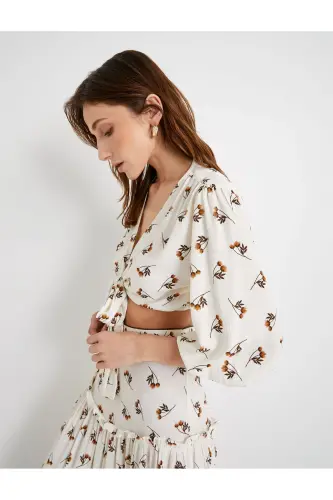 Crop Blouse Balloon Sleeve Floral Tie Front - 1