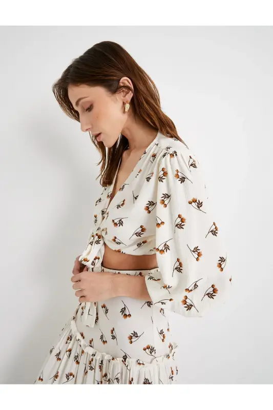 Crop Blouse Balloon Sleeve Floral Tie Front - KOTON