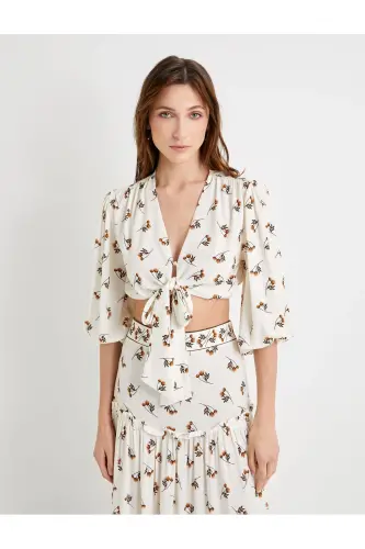 Crop Blouse Balloon Sleeve Floral Tie Front - 3