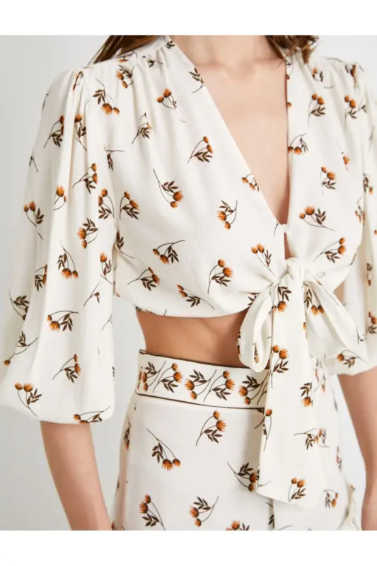 Crop Blouse Balloon Sleeve Floral Tie Front - 5