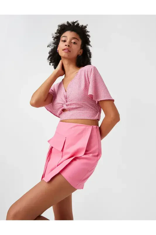 Crop Blouse V Neck Window Detailed Patterned - 1