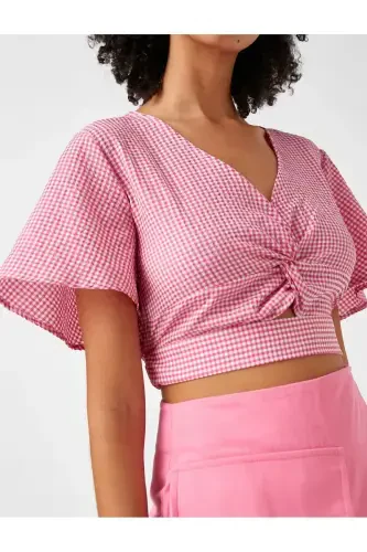 Crop Blouse V Neck Window Detailed Patterned - 5