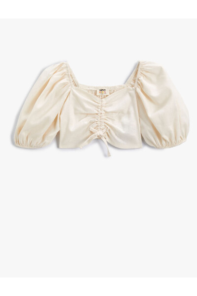 Crop blouse with balloon sleeves, drawstring detail, and linen blend. - 4