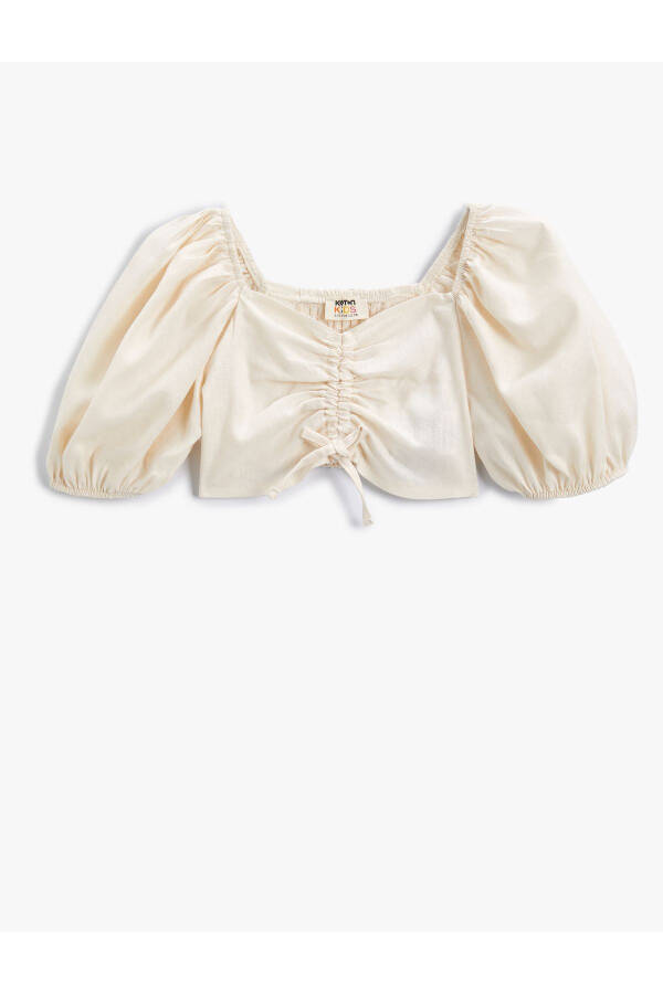 Crop blouse with balloon sleeves, drawstring detail, and linen blend. - 4