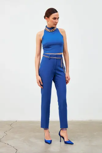 Crop Blouse with Chain Accessory - Sax Blue - SAX BLUE - 3