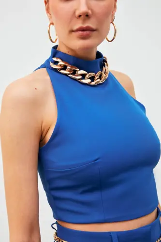 Crop Blouse with Chain Accessory - Sax Blue - SAX BLUE - 4