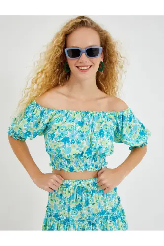 Crop Bluz Balon Kollu Gipe Detaylı-Mavi/04G - 1