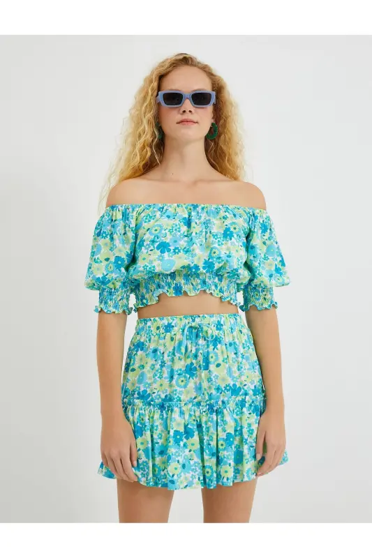 Crop Bluz Balon Kollu Gipe Detaylı-Mavi/04G - 3