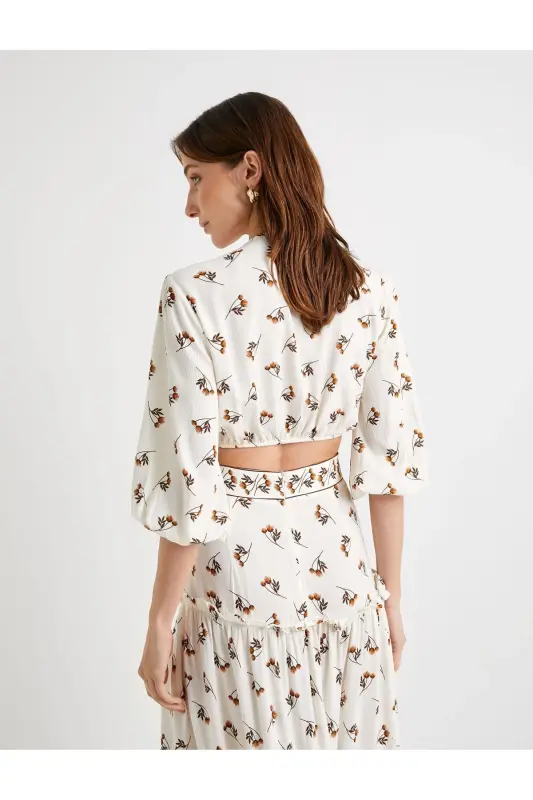 Crop Bluz Balon Yengli Gulliali Oldidan Bogʻlamali - 4