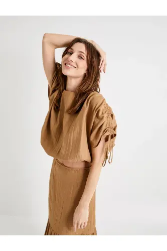 Crop Bluz Drapeli Yarasa Kollu - 1