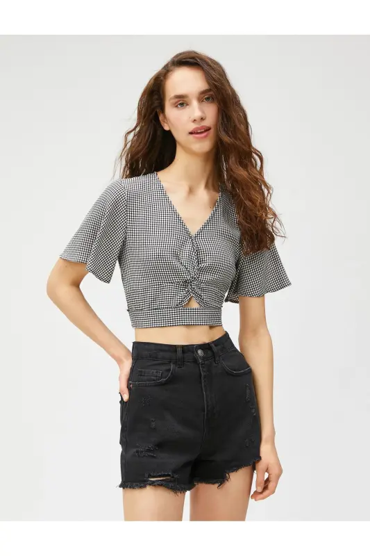 Crop Bluz V Yaka Pencere Detalli V Yaka - 2