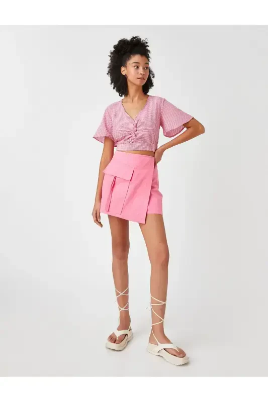 Crop Bluz V Yoqali Deraza Detalli Naqshli - 2