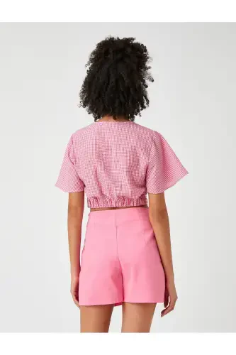 Crop Bluz V Yoqali Deraza Detalli Naqshli - 4