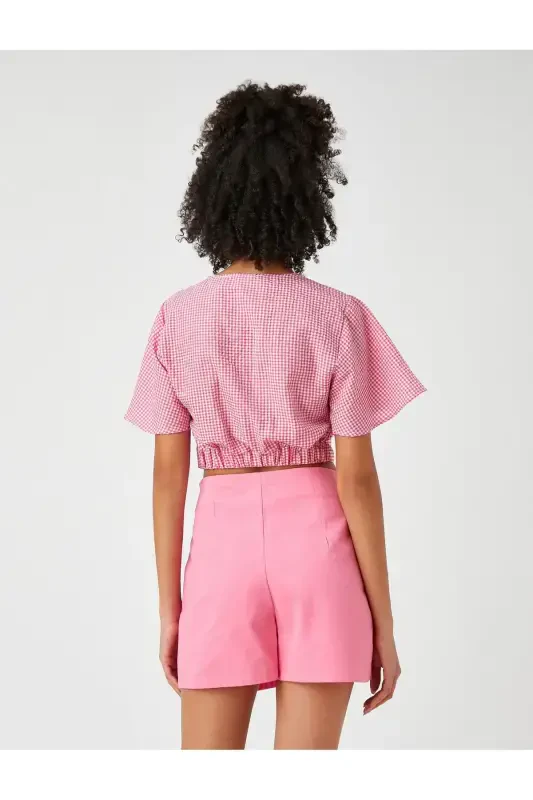 Crop Bluz V Yoqali Deraza Detalli Naqshli - 4