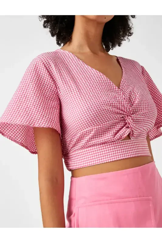 Crop Bluz V Yoqali Deraza Detalli Naqshli - 5