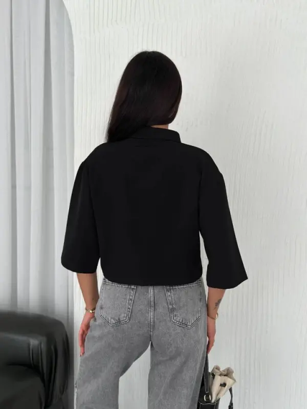 Crop Collar Shirt Three Quarter Sleeve - Black - 3