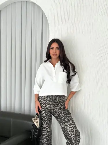 Crop Collar Shirt Three Quarter Sleeve - White - 3