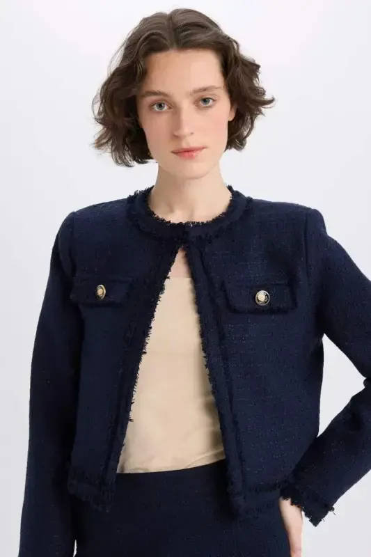 Crop Crew Neck Tweed Blazer Jacket-Navy Blue - DEFACTO