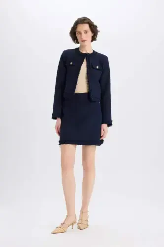 Crop Crew Neck Tweed Blazer Jacket-Navy Blue - DEFACTO (1)