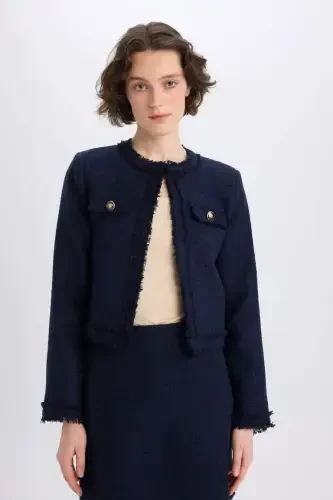 Crop Crew Neck Tweed Blazer Jacket-Navy Blue - 4