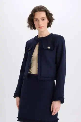Crop Crew Neck Tweed Blazer Jacket-Navy Blue - 5