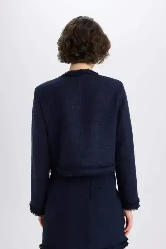Crop Crew Neck Tweed Blazer Jacket-Navy Blue - 7