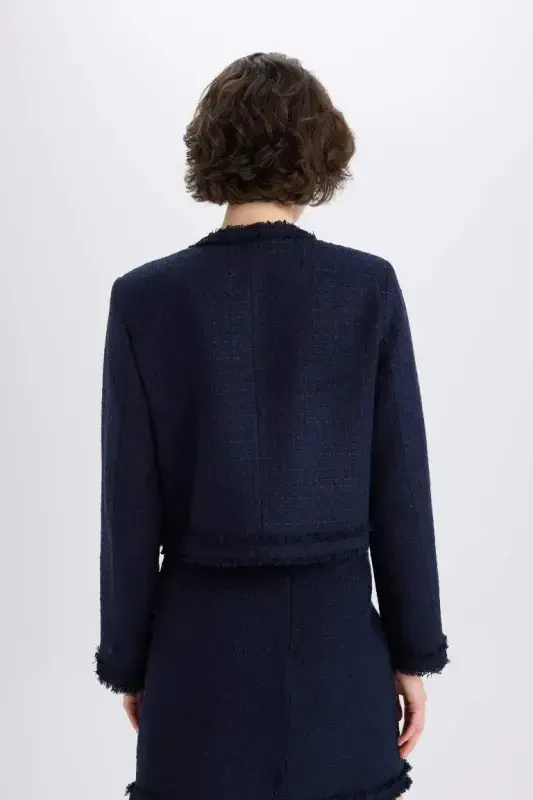 Crop Crew Neck Tweed Blazer Jacket-Navy Blue - 7
