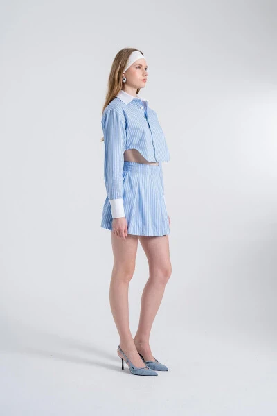 Crop Cut Striped Harmony Poplin Crop Shirt Blue - 3