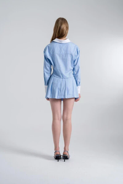 Crop Cut Striped Harmony Poplin Crop Shirt Blue - 4